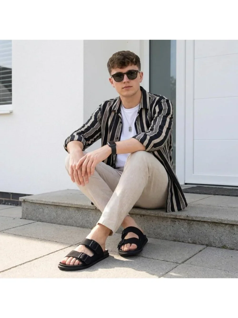Men's Black Alpha Leather Sandals Casual Slip On Flat Adjustable Buckles